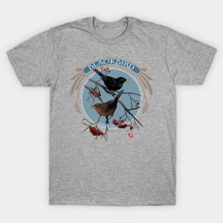 Blackbirds courting in a rowan tree T-Shirt